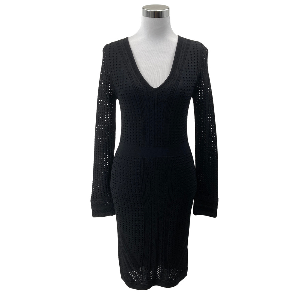 John + Jenn Black Crochet Knit V-Neck Long Sleeve Bodycon Dress Medium Womens